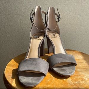 Vince camuto grey ankle strap stiletto heels size 8 faux suede